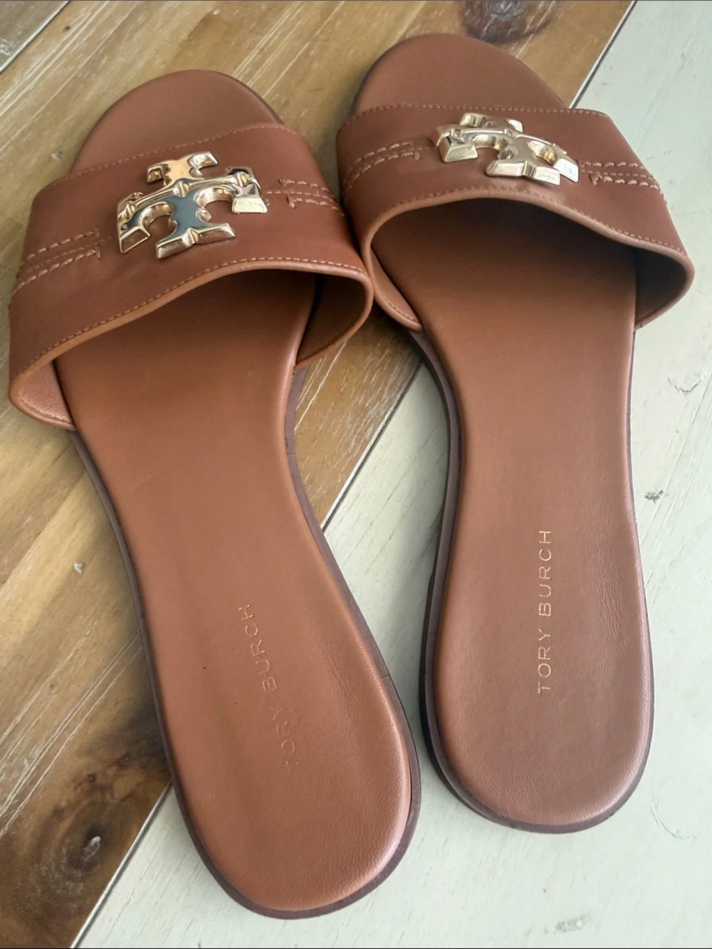 Tory Burch Cognac Leather Logo Slide Sandals